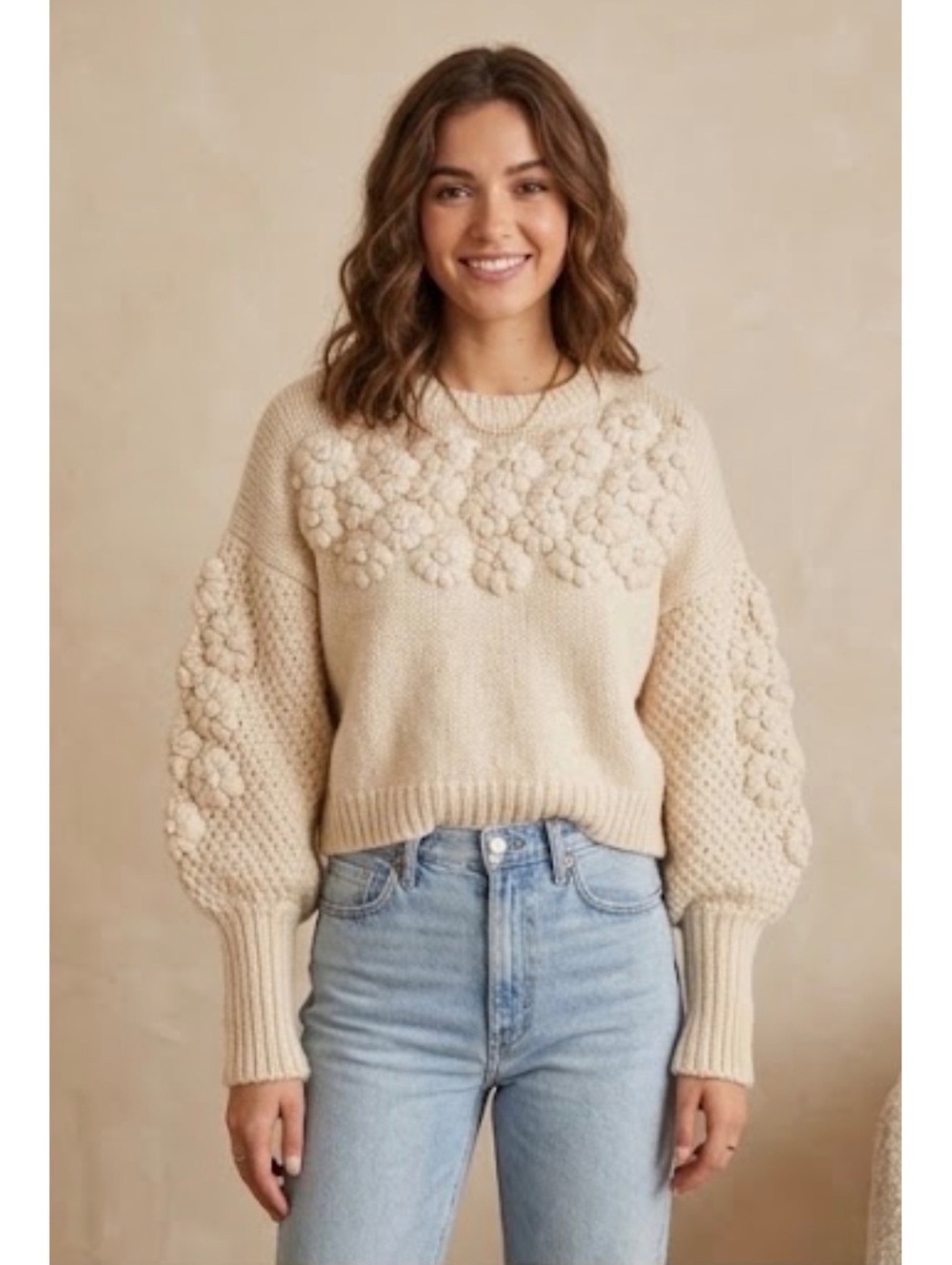 Anthropologie Cream Textured Balloon Sleeve Sweater Size S